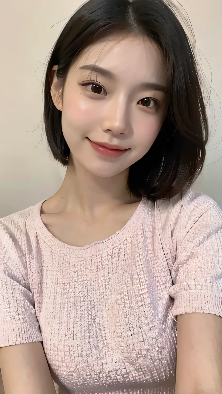 White tight shirt、White Mini Skirt、bed、smile、Short sleeve、High resolution、Korean idol face、double eyelid、White teeth、short hair