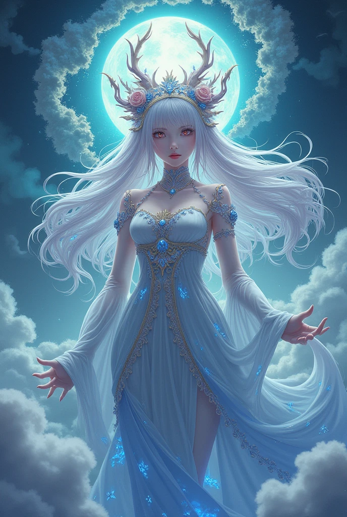 An ultrafine detailed watercolor painting of a gorgeous woman with flowers in her hair, jin shan and ross tran, Zha Shibiao, Tom Bagshaw, art nouveau accents, fantasy art, ice princess, anthropomorphic female, female moon knight, detailed cover artwork, as the goddess of the sun, by Lü Ji, Ross Tran, pale bluish skin, a marble sculpture, cgsociety, gothic art, art deco, behance contest winner