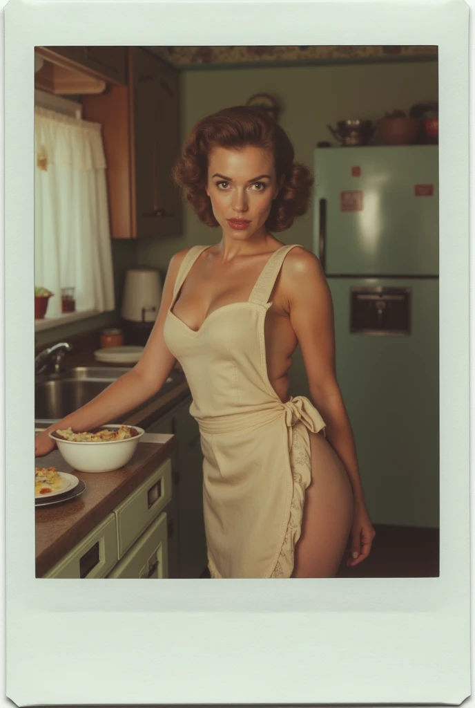 1950s housewife full naked at the kitchen, cooking, naughty face, posing for her husband. Polaroid photography.