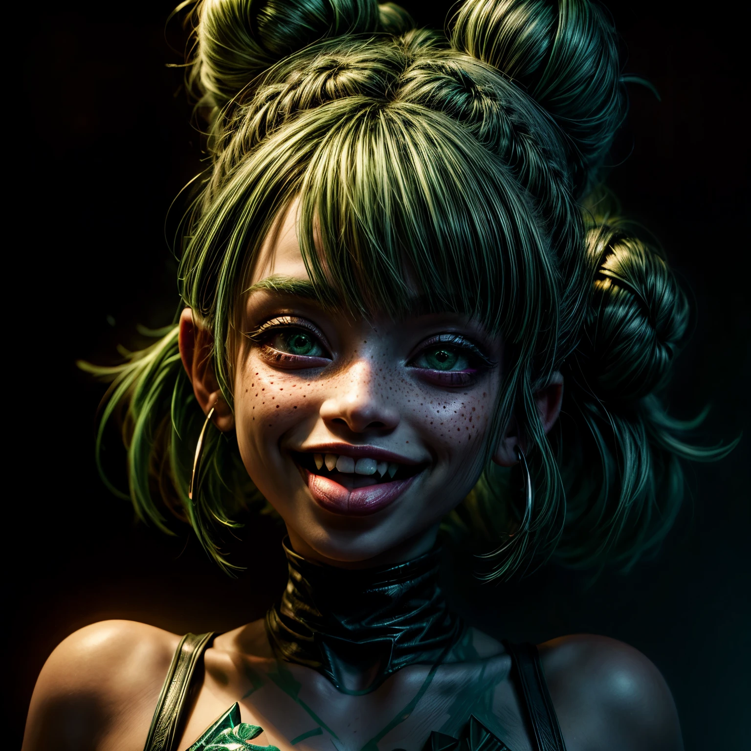 (ultra-detailed), (masterpiece), (best quality), (sharp focus), (cinematic lighting), (vibrant colors),   th1ckan1m3 , 1girl, fantasy magical, ethereal, space bun hairstyle,  PSYCHOPHONKY, crazy smile, tongue sticking out, fangs, dark green hair, freckles