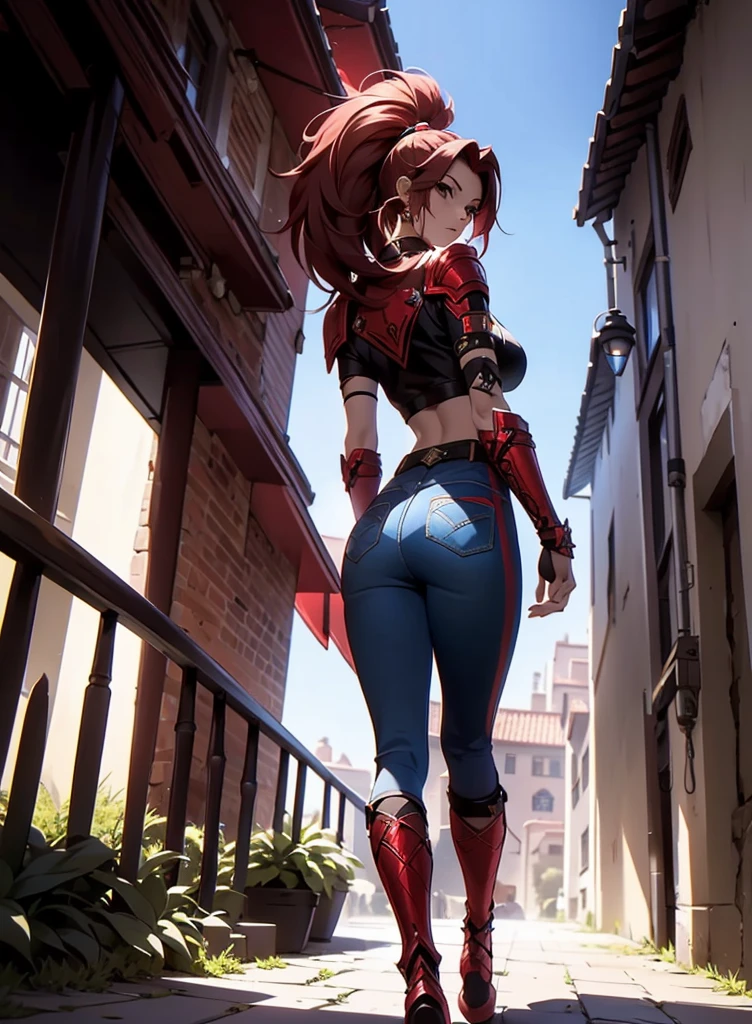 Create a full-body anime-style image of a 20-year-old human female named Sylara Stormblade, seen from behind. she has a lot of time, straight red hair and athletic build. Sylara wears studded armor on her upper body., dark blue skinny jeans, and tall red lace-up boots. In front of her, There are students in various fencing poses, indicating that he is giving a class. The setting is an autumnal open-air medieval training camp, rich in fallen and warm leaves, earthy colors.