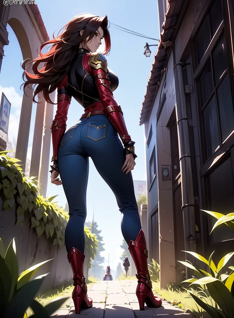 Create a full-body anime-style image of a 20-year-old human female named Sylara Stormblade, seen from behind. she has a lot of time, straight red hair and athletic build. Sylara wears studded armor on her upper body., dark blue skinny jeans, and tall red lace-up boots. In front of her, There are students in various fencing poses, indicating that he is giving a class. The setting is an autumnal open-air medieval training camp, rich in fallen and warm leaves, earthy colors.