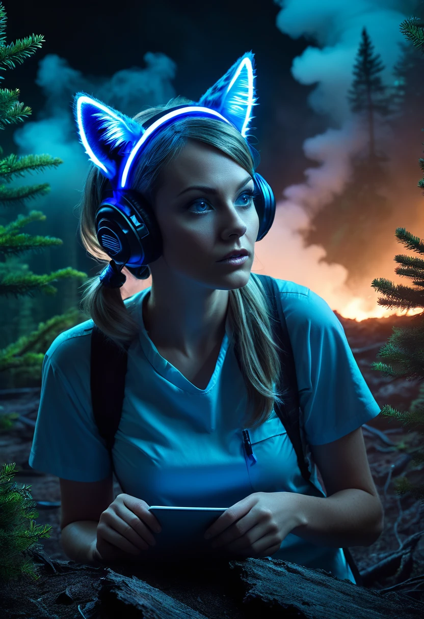 a beautiful woman(Barbara Evenot) with neon blue cat ear headband, scientist studying alien crash site, night, crater, smoke, evergreen forest, alien tentacle monster sneaking behind, highly detailed, photorealistic, 8k, professional lighting, cinematic composition, dramatic dark moody colors, glowing neon blue highlights
