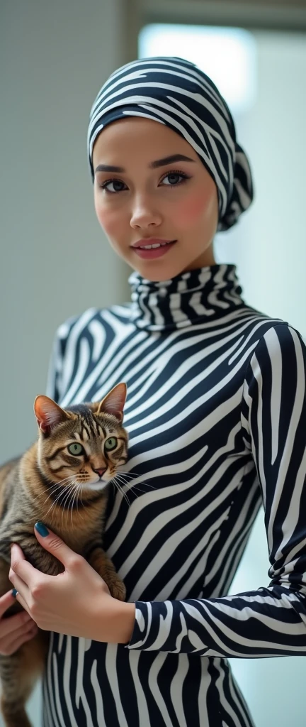 The beautiful,slender thin and clever Malaysian muslimah adult female girl with beautiful cheeks wears margay animal print costume lycra turtleneck unitard catsuit covered with patterns and margay print lycra elastane stretchy dancewear hijab-like hood covered with patterns.She hugs her pet cat.