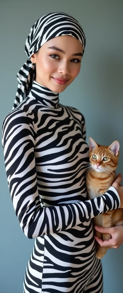 The most beautiful,thin,most pretty and clever Asian muslimah adult girl wears white leopard print lycra turtleneck unitard catsuit.She always wear white leopard print lycra dancewear stretchy square hijab.She stands and hugs a cute little cat.