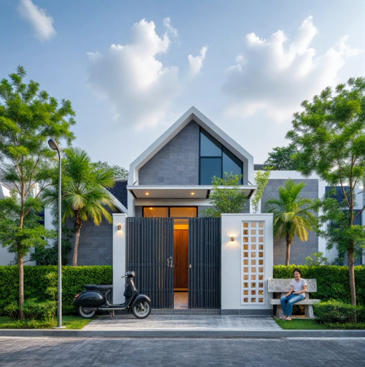 (bright image), A double story modern style house in the middle of Vietnam, (dark grnite tiled wall),(classic detail), simple and elegant architecture with white walls on top half and grey tiles roof, large windows with, entrance door is white with arched shape, bonsai trees, wide tile stone courtyard, professional photography, daylight, natural light, high resolution photography, (best quality, ultra realistic, masterpiece:1.15)