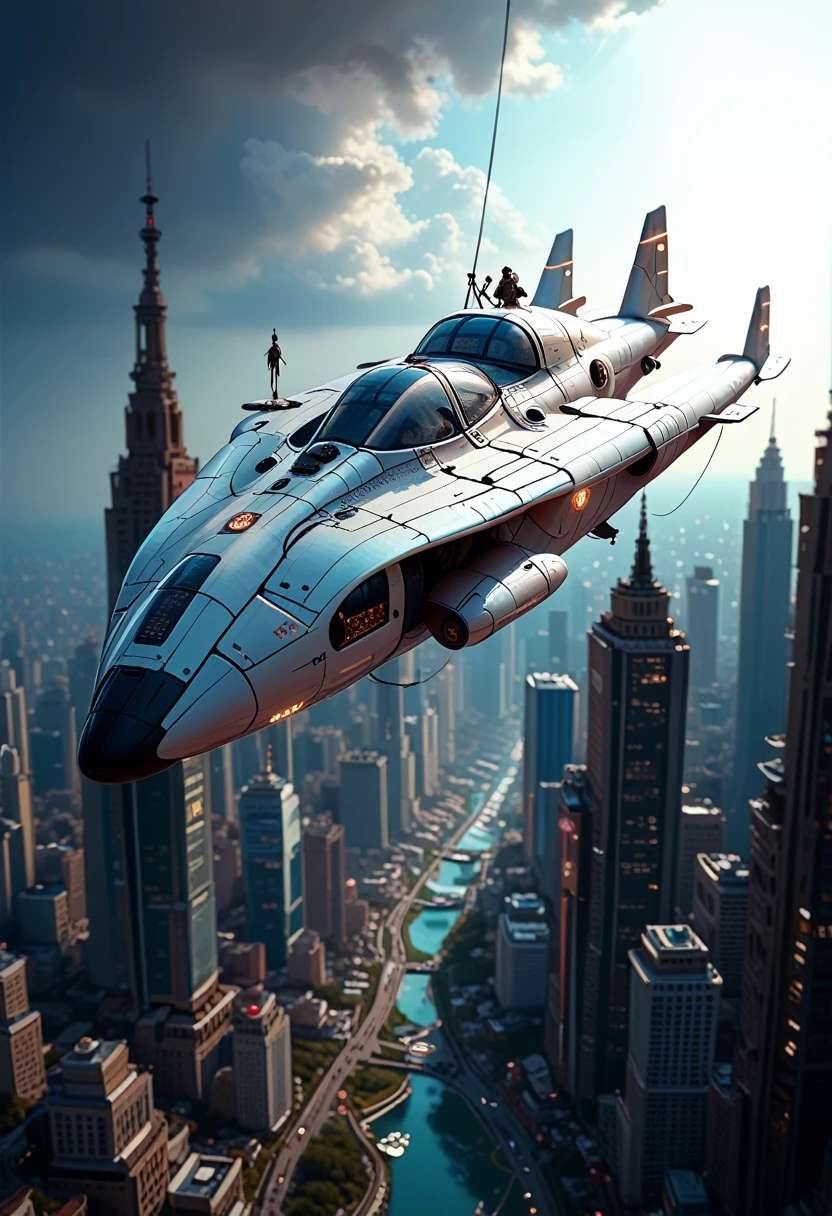 Create futuristic hyperrealistic works of art., Imagine a city floating in the sky., with complex architectural structures and advanced technologies. Paint this futuristic city with lots of details, capture the bright lights, Suspended Platforms and Aircraft, Crossing the Sky.  