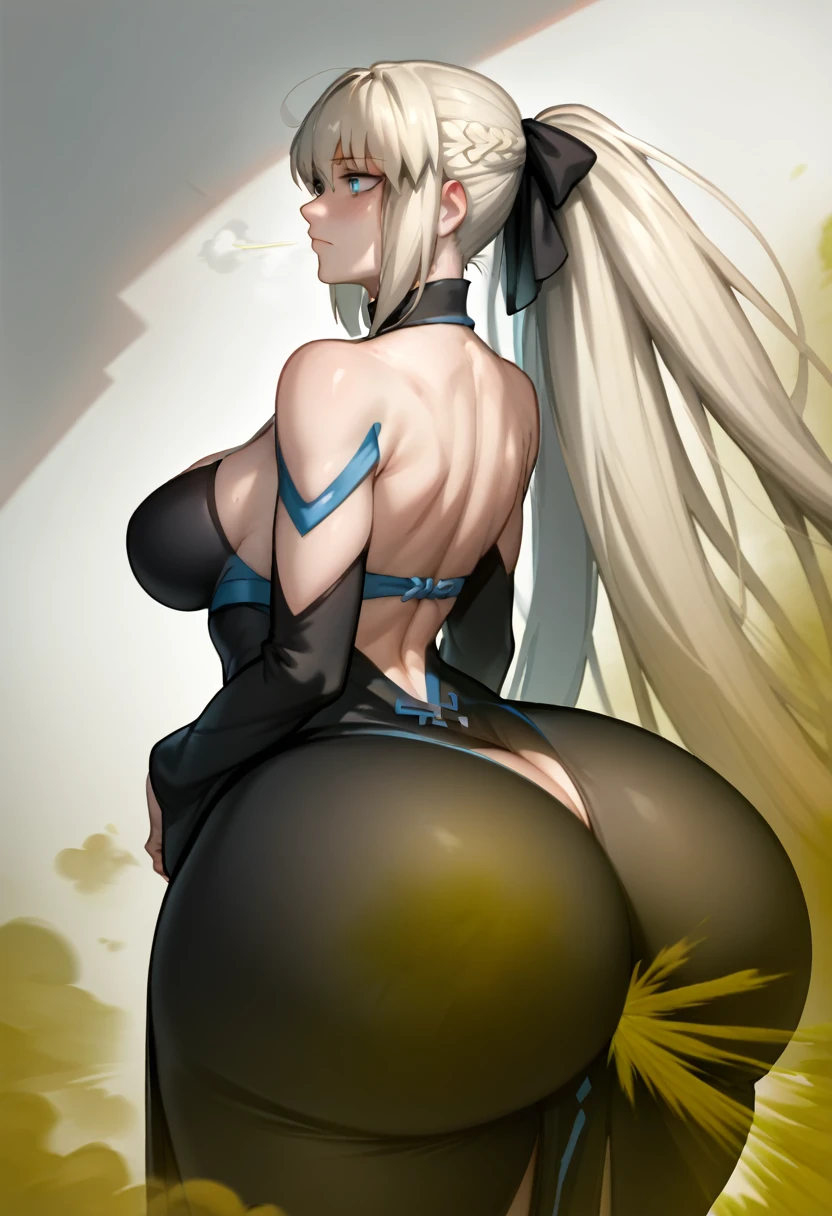 Highest quality, masterpiece, High Resolution, 1 girl,long hair, grey hair, blue eyes, very long hair, ponytail, black ribbon, hair ribbon, french braid, short dress, detached sleeves, cleavage, clothing cutout, detached collar, pelvic curtain, Ass, hyper Ass, huge Ass, big ass, wide hip, fart, farting, yellow_smoke, yellow_gas, sprays, gigantic ass,  black bodysuit, 