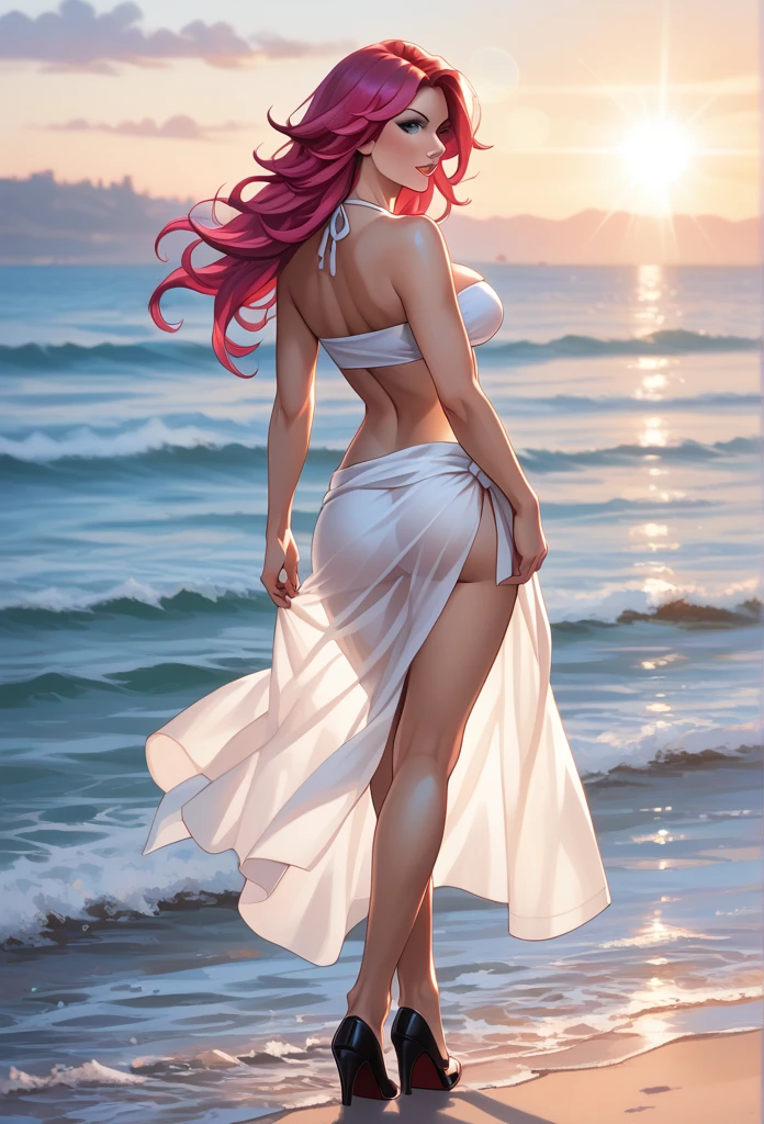 cinematic film still, solo, 1girl, BREAK poison, narrow waist, perky breasts, tube top, bikini bottom, sarong, BREAK beach, standing, legs crossed, beautiful, graceful, elegant, BREAK beautiful scene, sunrise, lens flare, BREAK highly detailed, detailed eyes, detailed face, absurdres, 4k, masterpiece, best quality, rear view, ass focus, cowboy shot.