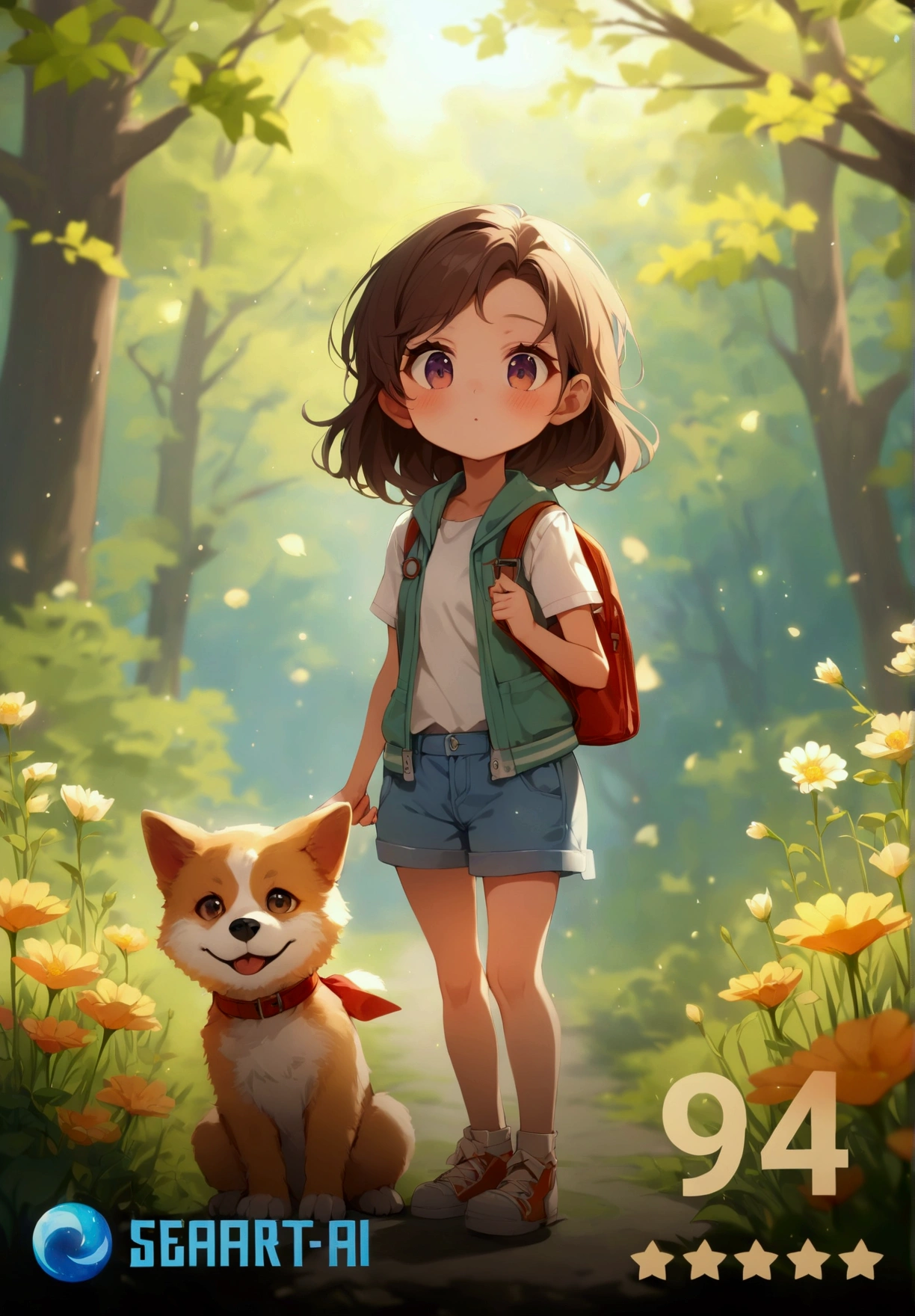 Coeca, in panties, very charming with a backpack and her cute puppy enjoying a beautiful spring walk surrounded by beautiful yellow flowers and nature. The illustration is a high-definition illustration in 4K resolution, featuring highly detailed facial features and cartoon-style visuals, nude, nude --auto --s2
