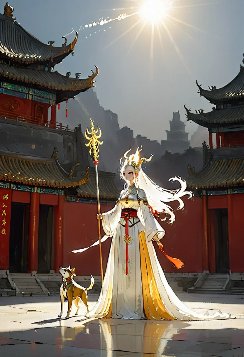 beautiful, 1 chinese girl，anatomical correct，Full body photo,  silver radiance, glowing divine ring behind, divine backlight, white ribbon flying,  silver divine armor, waving a golden trident in hand, dynamic posture, black howling celestial dog following beside, with magnificent Chinese architecture behind, dark mythological style, ethereal scene, perfect composition