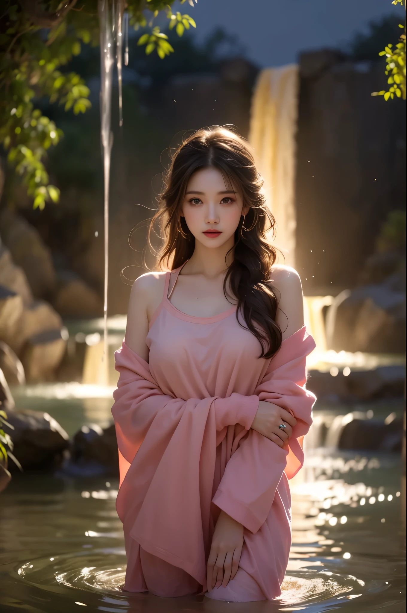wuxian-xsg,, A stunning, photorealistic depiction of a beautiful woman standing under a waterfall at night. with the moonlight subtly illuminating the surroundings. The waterfall cascades powerfully down, splashing water all over her. She is completely drenched, with her hair, clothes, and skin soaked through. Her wet clothes cling to her body, accentuating her figure. The expression on her face is a mix of serenity and the refreshing sensation of the water hitting her. The background is filled with the soft glow of moonlight reflecting off the water, adding a mystical atmosphere to the scene. Every detail, from the texture of her wet hair to the droplets of water on her skin, is captured with striking realism.