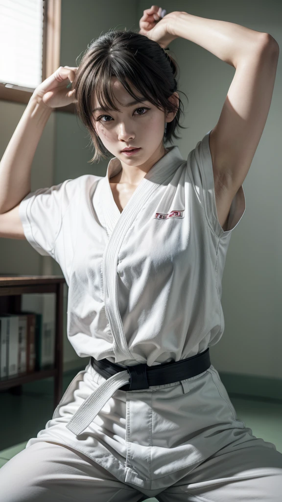 good hand,4k, high-res, masterpiece, best quality, head:1.3, (Korean idol), finely detailed skin, sharp focus, (cinematic lighting), soft lighting, dynamic angle, [:(detailed face:1.2):0.3], She practices Taekwondo in a white dobok with determination.