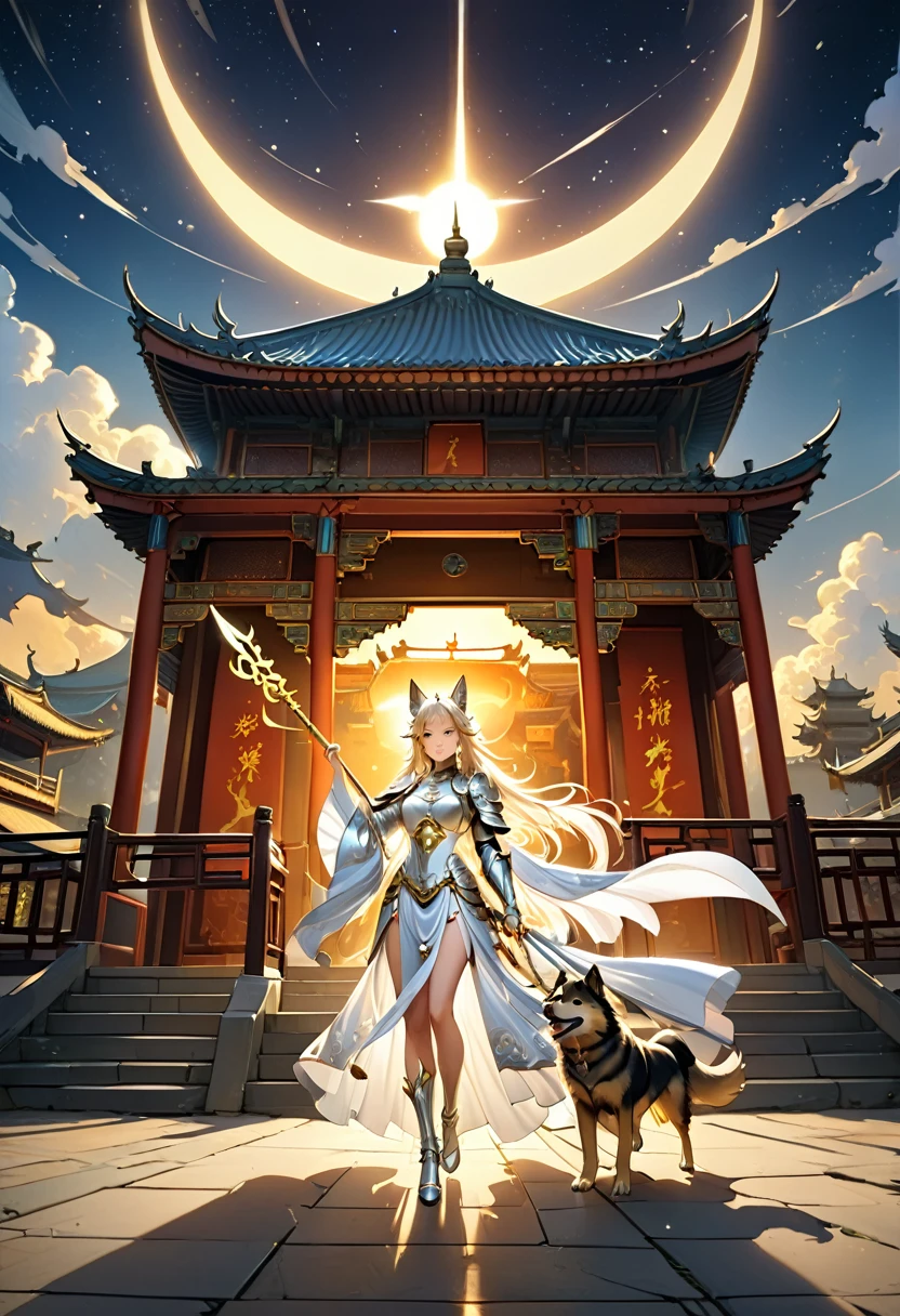 beautiful, 1 chinese girl，anatomical correct，Full body photo,  silver radiance, glowing divine ring behind, divine backlight, white ribbon flying,  silver divine armor, waving a golden trident in hand, dynamic posture, black howling celestial dog following beside, with magnificent Chinese architecture behind, dark mythological style, ethereal scene, perfect composition