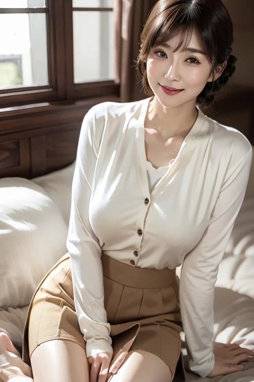 Masterpiece, beautiful Japanese mature woman, detailed eyes, detailed face, cardigan, cotton tight skirt, flesh-toned sexy thighs, smiling, updo, bangs, cinematic lighting,