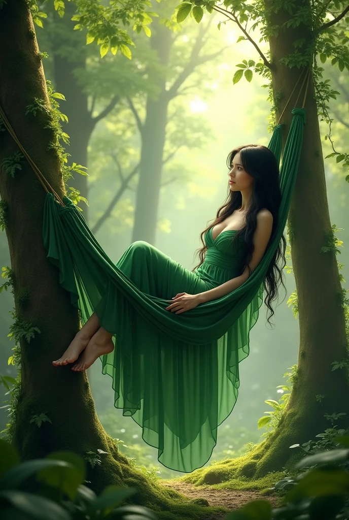 A poderoso, Ethereal woman, sensual, cercado por um antigo, enchanted floresta. She wears sexy flowing green and brown clothes, adornado com folhas e vinhas. Your eyes are piercing and green like emeralds, e ela longa, cabelos escuros fluem de forma sensual ao vento. Ela segura uma vara torcida, covered in moss and lichen. The forest around you is alive and vibrant, with imposing trees, samambaias exuberantes e flores silvestres coloridas. The atmosphere is peaceful and serene, sensual, with rays of sunshine filtered through the treetops, Fantastic sensual reality, sensual Guardian, floresta, Natureza, Magia, sensual ethereal sensual, poderoso, sereno