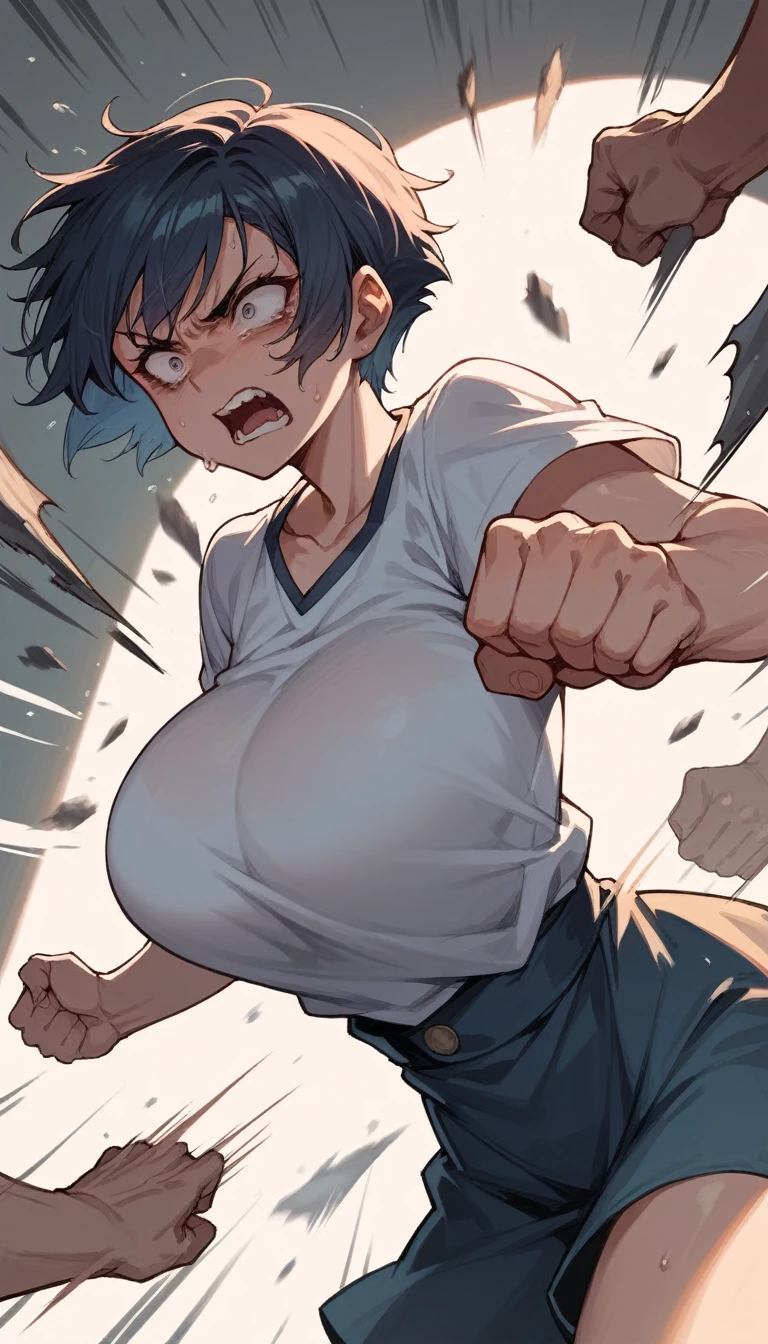 anime girl, big breasts, being hit, short hair, suffering, punching her, violence 