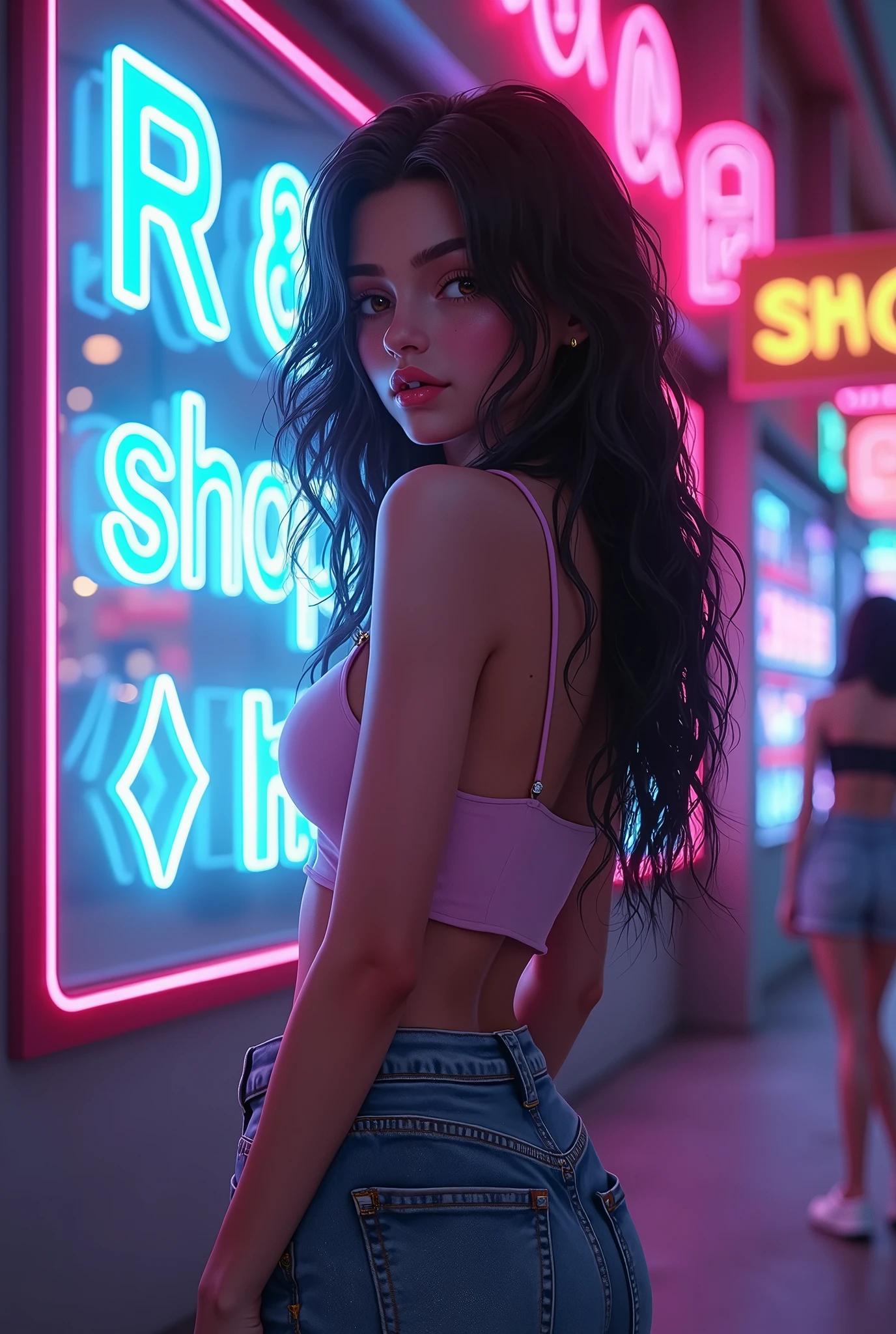 (Nude sexy tanned Polynesian|Asian woman, extremely_long_hair, slanted Asian eyes, hourglass figure, perfect eyeliner:1.2), (masterpiece:1.4, best quality), medium breasts, unity 8k wallpaper, ultra detailed, (shopping in crowded plaza, purple pink yellow neon lights, cum on face and hair, wearing nothing:1.3), alluring pose, upper body, narrow_waist, beautiful and aesthetic, detailed, solo, pubic_hair