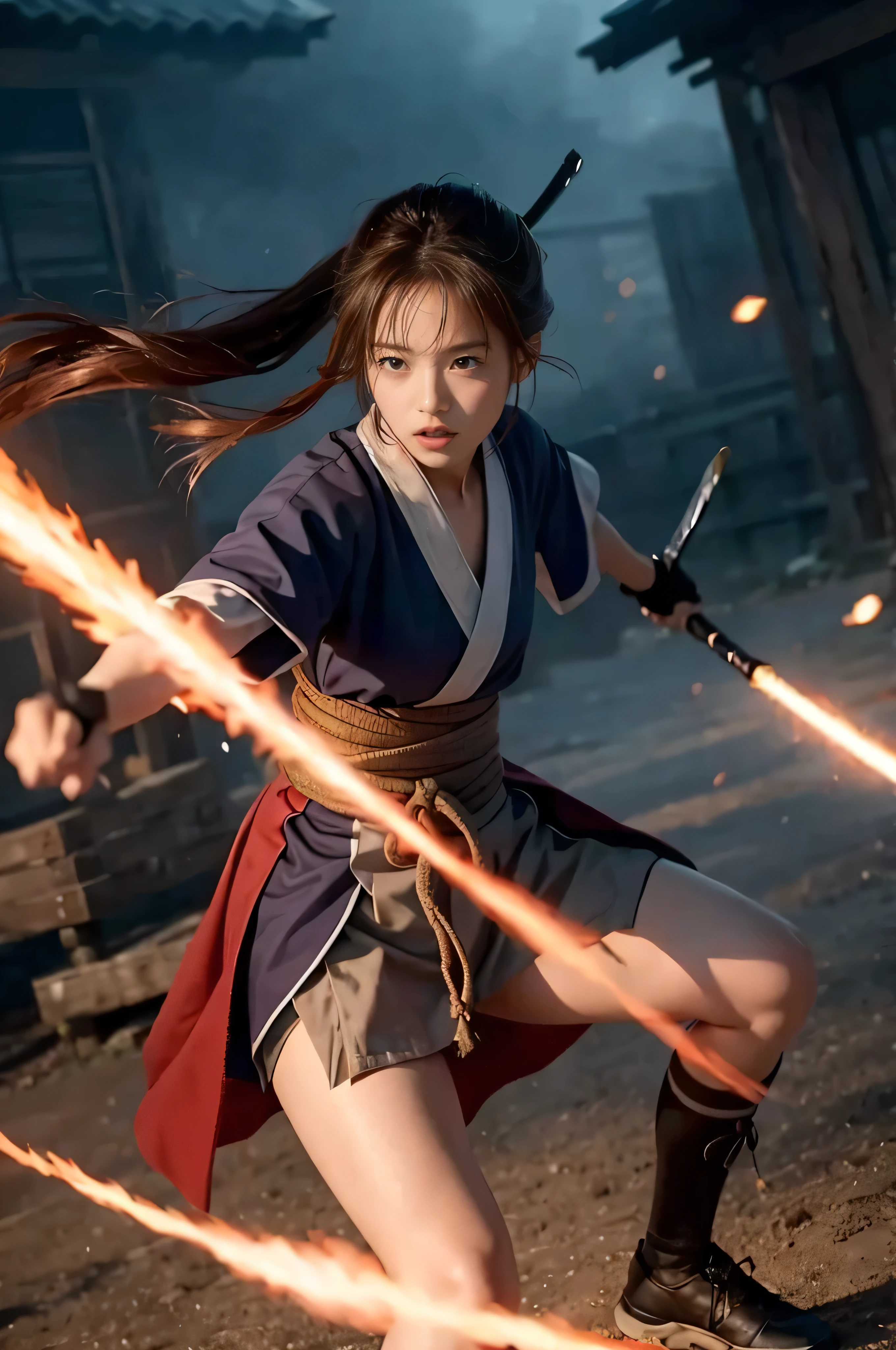 (masterpiece, 最high quality:1.2), 8k, Young and beautiful girl, Tabletop,Official AR RAW Photos, 、, Young, "Rurouni Kenshin", A moment of excitement, bold, Capture the essence of her fiery determination and indomitable spirit, She is furious, Kenshin&#39;s Rage々Strongly conveying the power, Emphasise the intensity of a scene, The woman is standing with a resolute posture., Action with a straight sword, Long Hair, ponytail, Black Hair, ((Red eyes)), Pale-white glowing sword, (((Holding a long Japanese sword in hand:1.4))), high quality, Realistic, woman, Japanese, Large Bust, Slim figure, She is wearing a red kimono with an intricate pattern., Pair it with a white hakama, The lighting is realistic, (masterpiece+最high quality+High resolution+Very detailed), (whole body:1.2),Symmetric, One Cut,