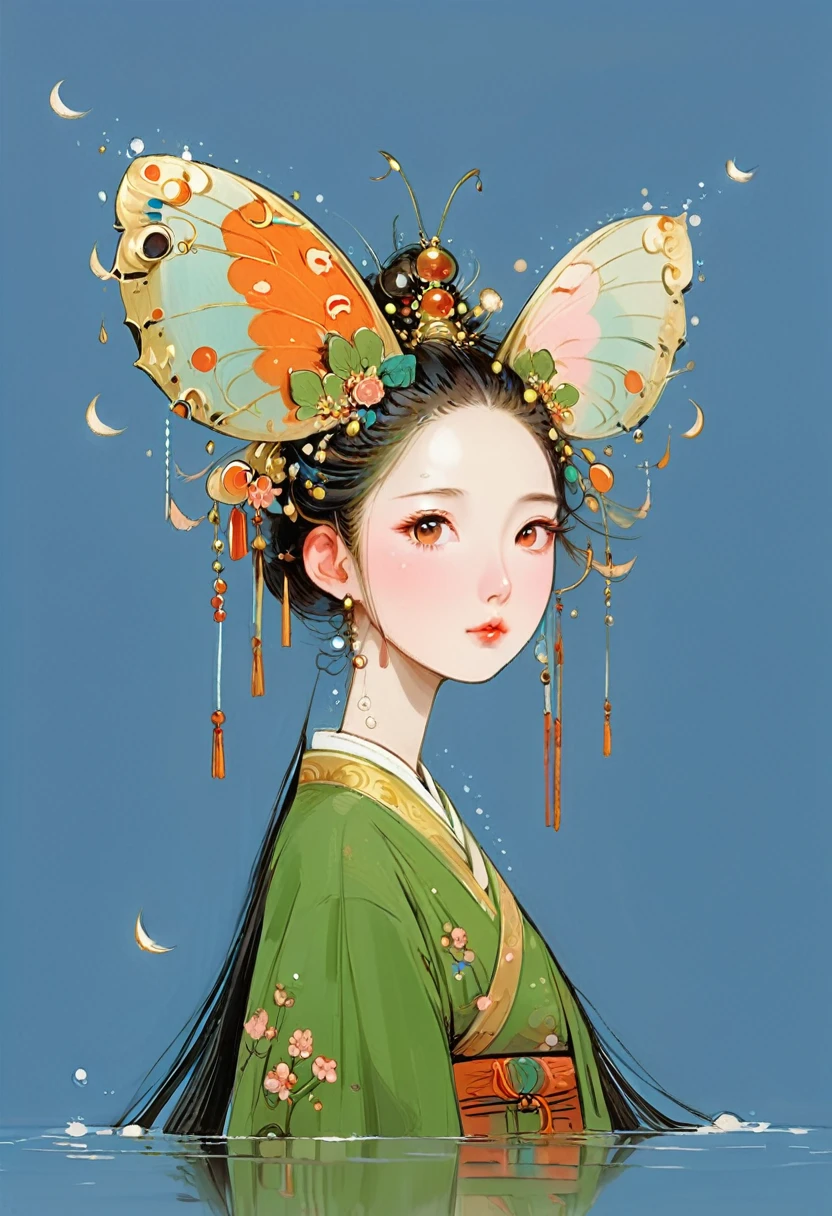 Vector illustration，Flat illustration，A young and beautiful Japanese anime girl，Looks like Liu Yifei，Watery eyes，Exquisite facial features，head gear，butterflys，Behind him there is a decorated moon， Light blue and pink, Vividly depict movement, Bell Stone, carefully designed, Margaret Brasingham, Light gold and orange，National style，illustration，Chinese style