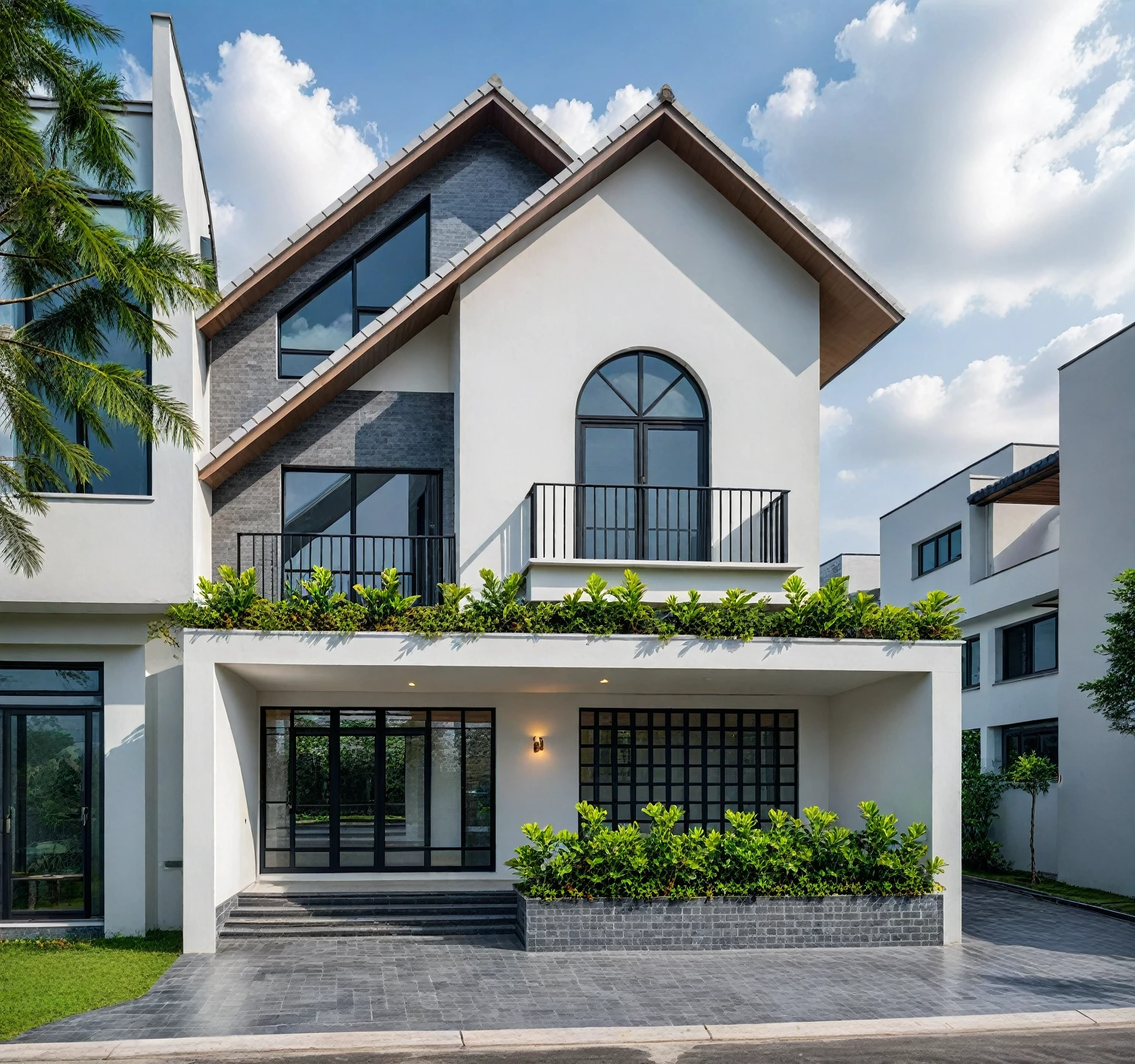 (bright image), A double story modern style house in the middle of Vietnam, (dark grnite tiled wall),(classic detail), simple and elegant architecture with white walls on top half and grey tiles roof, large windows with, entrance door is white with arched shape, bonsai trees, wide tile stone courtyard, professional photography, daylight, natural light, high resolution photography, (best quality, ultra realistic, masterpiece:1.15)