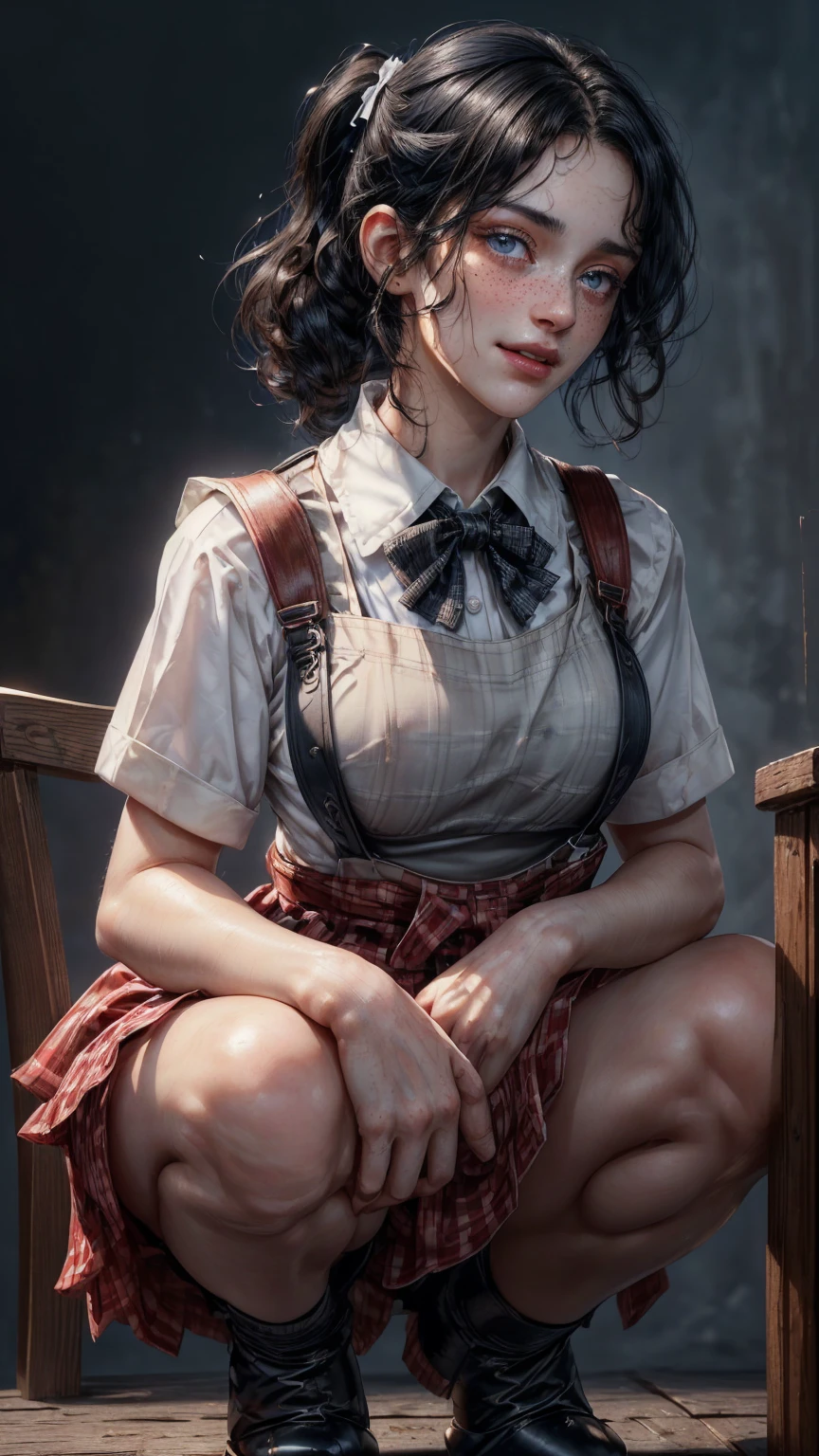 (((ultra realistic))) Photo, masterpiece, top quality, pale skin, (Ultra detailed face and eyes:1.2), , beautiful woman, gloomy atmosphere, Dark background, (Eye makeup, mascara) , ((Dark wavy hair)) , ((Stylish hairstyle)) , Natural breasts, [[Slim waist, slender body]] . ((Posing)) , (body curves), In Lifchik, photoshoot, studio (Contour lighting), (The play of light and shadows), depth of field, bokeh, (special attention to skin detail: 1.2), Detailed texture, skin pores, ((Dark and gloomy atmosphere frame. color scheme - Ashen, Tons)), (Film grain, VHS effect), (shine) , ((deep blue eyes)) , ((close-up portrait, close to the camera)) , ultra detialed woman ),thick thighs))(freckles 0.8, freckles on breasts, freckles on face)((long curly Black hair, ((deep detailed eyes, shiny skin, oily body)) smiling , curly hair, ((full body)) ((beautiful oily shoulder, neck))( ((extremely detailed 8k illustration)), highres, (extremely detailed and beautiful), ultra detailed painting, professional illustrasion, Ultra-precise depiction, Ultra-detailed depiction, (beautiful and aesthetic:1.2), HDR, (depth of field:1.4), professional illustrasion, 
A coffee shop in the cooler fall weather., 
Today, too, I enter the store in search of my morning cup of coffee., 
 in a uniform welcomes me again today., 
(, (highly detailed beautiful face and eyes,big breasts firm breasts), oily skin, ((black hair,black eyes,short bob with short pony tail hair)), thin pubic hair, cute, lovely, , (kobeya uniform:1.3), (gingham-check suspender-apron:1.3), (solid-red high-waist skirt:1.3), (apron over skirt:1.2), (white blouse:1.3), (double-breasted,underbust:1.2), short sleeves, button gap, (solid-red bow-tie:1.2), smile, looking at viewer, suspenders, ((squatting making dough))