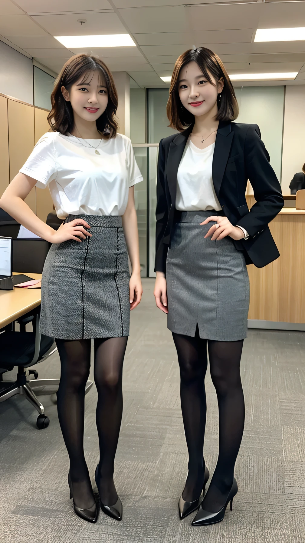 Highest quality, masterpiece, Photo realistic, Two girls standing) Full body photo、(Pencil Skirt), Short Haircut、Wavy Hair、smile、 officeレディスーツ、Knee-length skirt、tights、pumps、necklace, office,
