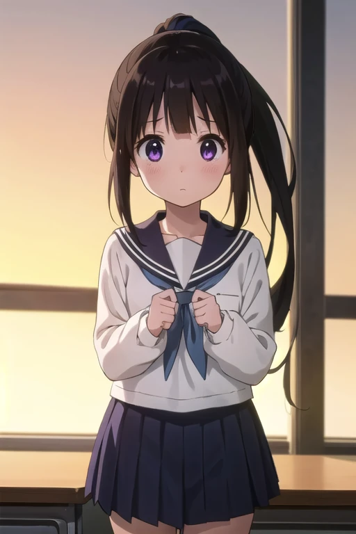 masterpiece,One girl,,blush,sunset,classroom,(Good luck) Clenched hands, Viewer looking up Chitanda Eru,Shining Eyes,close,Long Hair，whole body，Sailor suit，mini skirt，whole body，Navy blue sailor ribbon，ponytail