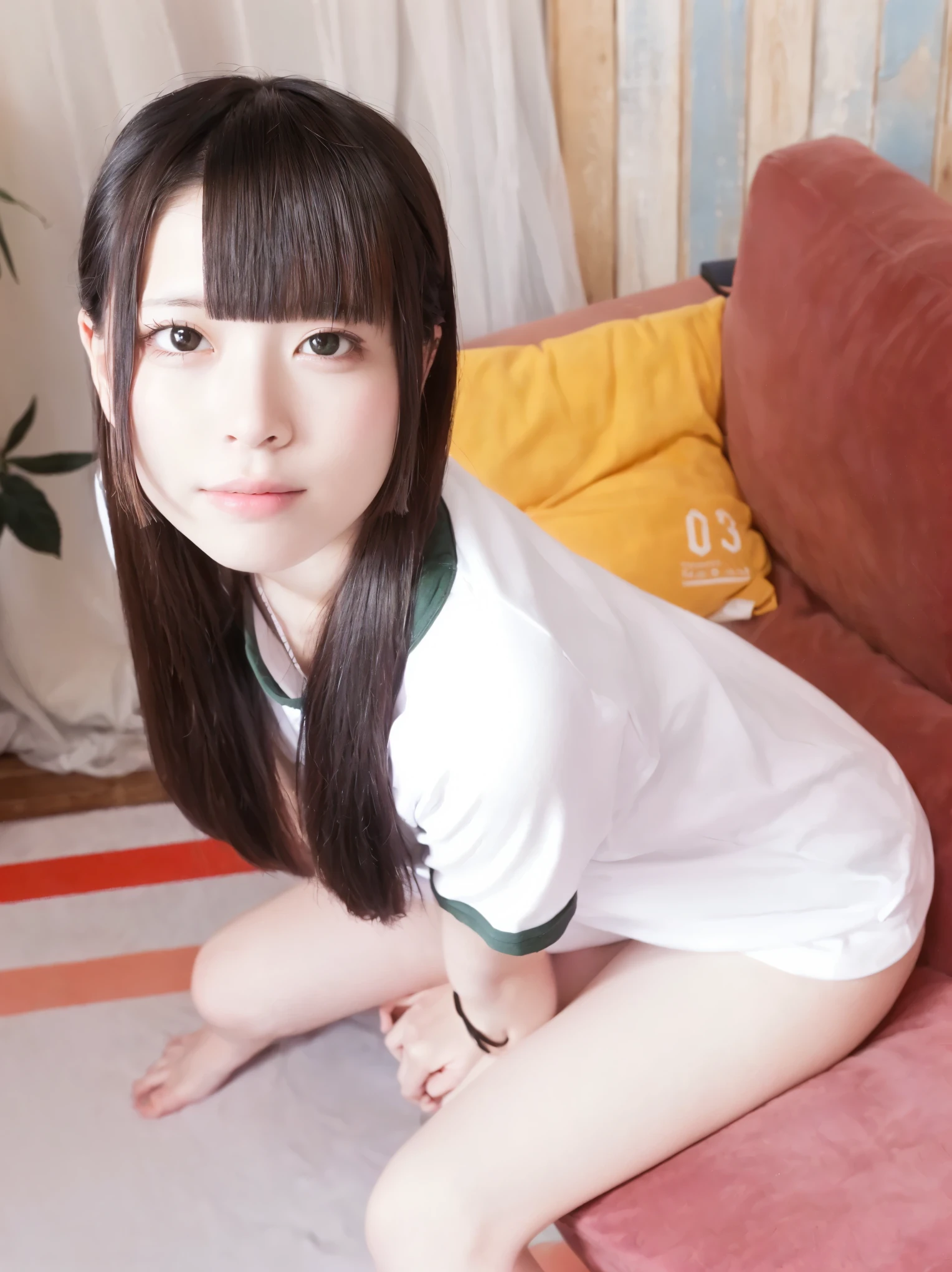 there is a woman that is posing on a couch, Chiho, taken with canon 8 0 d, taken with canon 5d mk4, taken with canon eos 5 d, pretty face with arms and legs, taken with canon eos 5 d mark iv, various pose, narumi kakinouchi, Yoshitomo Nara