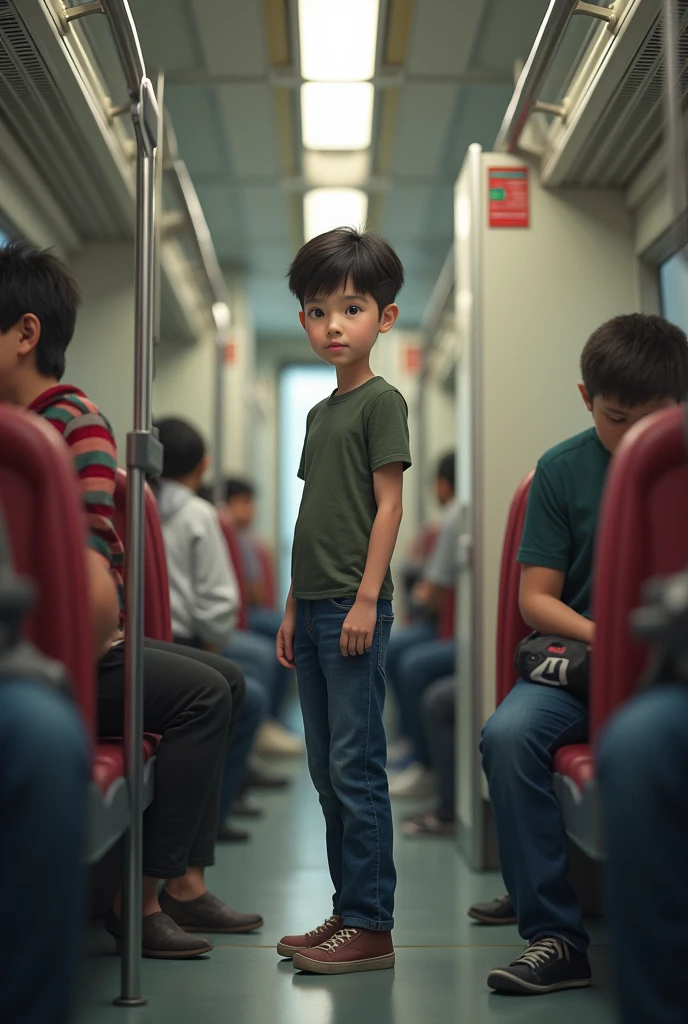 A boy of Asia shows off his penis on a train with people standing and watching
