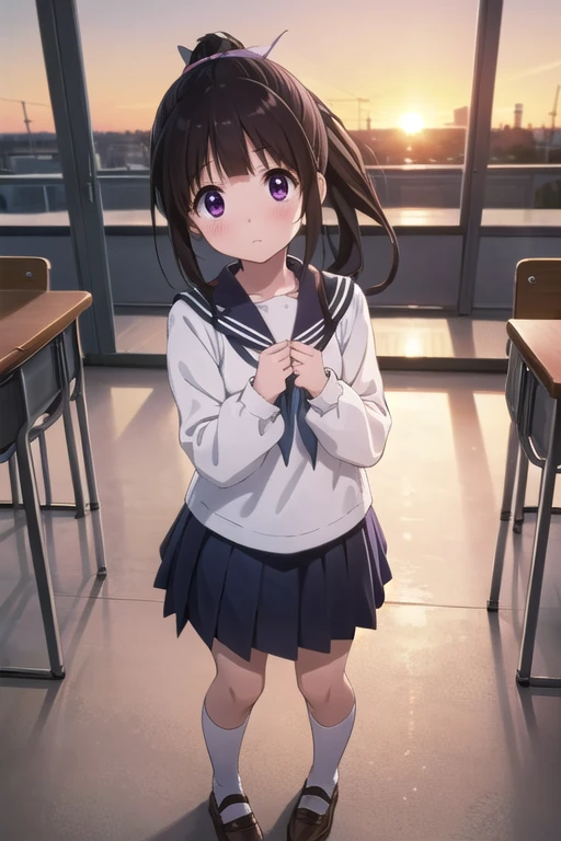 masterpiece,One girl,,blush,sunset,classroom,(Good luck) Clenched hands, Viewer looking up Chitanda Eru,Shining Eyes,close,Long Hair，whole body，Sailor suit，mini skirt，whole body，Navy blue sailor ribbon，ponytail