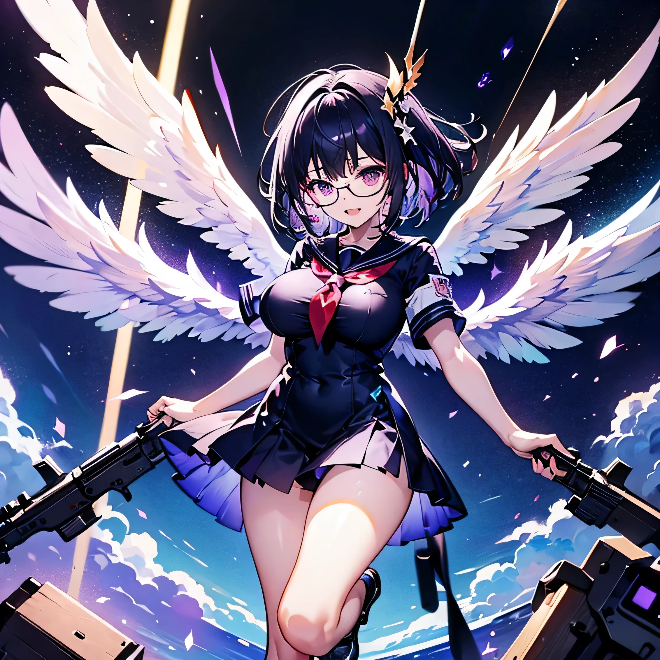 Highest quality, masterpiece, Ultra-high resolution, Elaborate hands,Angel Girl Sandalphon、Black and purple hair、Purple Eyes、Geek temperament、 Black school uniform 1.8、Big Breasts、Black-rimmed glasses、、Open sea、smile、missiles fly、4 gun battery 1.4、Stand with your arms folded and your legs apart 1.7、bright、