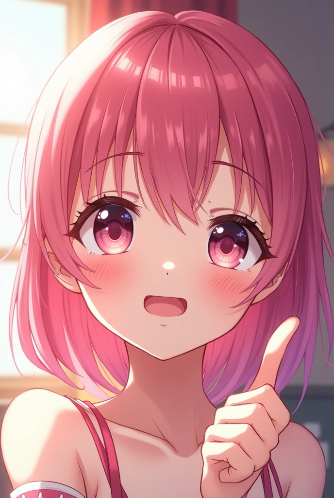 1girl, tiny girl, young girl, mesugaki, mesugaki smile, Teasing, naughty looks, heart eyes, A girl who puts her own Clenched fist to her own head:1.3, A girl tapping her own head:1.3, tidy, Focus on the girl, glossy skin, oily skin, Close-up of the face, Masterpiece:2, Top Quality, high Quality, Very Detailed, ultra High Resolution, super High Resolution, Beautiful Detail, Dynamic angles, perfect lighting, 8k, Animation Style, cartoon style, game cg, sfw,