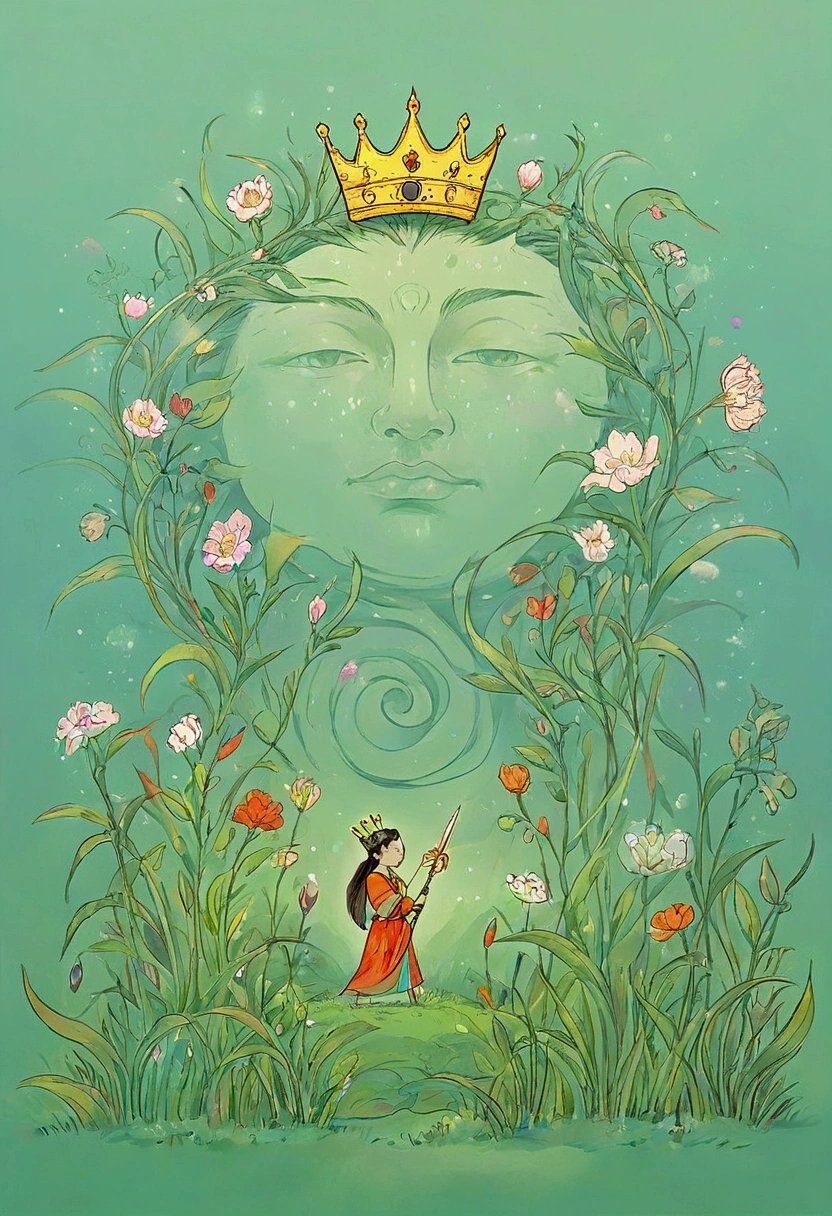 Masterpiece,1.5,Best,quality,1.3,Minimalist,background,Clean,lines,Mythological,art,Coloring,book,style,Fantasy,Imagination,Creativity,Surreal,elements,Flowers,Celestial,crown,Warrior,god,Mystic,grass,Frontal,view,Full,body,showcasing,divine,attributes