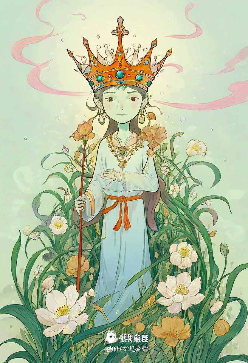 Masterpiece,1.5,Best,quality,1.3,Minimalist,background,Clean,lines,Mythological,art,Coloring,book,style,Fantasy,Imagination,Creativity,Surreal,elements,Flowers,Celestial,crown,Warrior,god,Mystic,grass,Frontal,view,Full,body,showcasing,divine,attributes