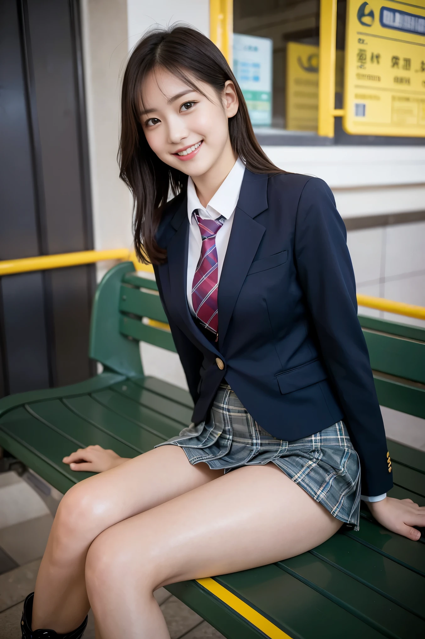 (8K), (highest quality: 1.2), (realistic), (realistic: 1.37), ultra high resolution, 1 girl, cute, smile, closed mouth, beautiful details, beautiful nose, wet hair, giant dulcefo, pork, thighs,Self snap,University Student Uniform,Sitting on a Tokyo train,simple blazer,pleated skirt,(The pattern of the skirt and tie is a tartan check pattern..:1.3),cross your legs, From above,thighs