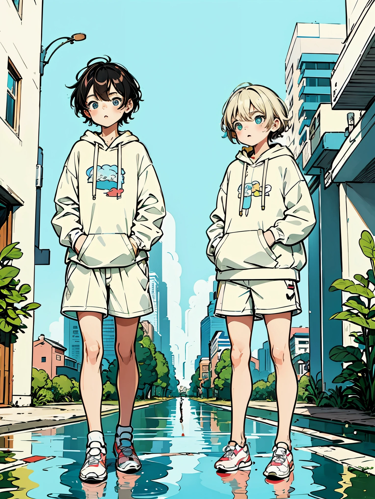 8k resolution、((Highest quality))、((masterpiece))、((Ultra-detailed))、twins、Oversized hoodie、Headphones、street、Plein Air、Rain at night、neon、Short Hair、Light-colored eyes、Put your hands in your pockets、Shorts、Water droplets fall