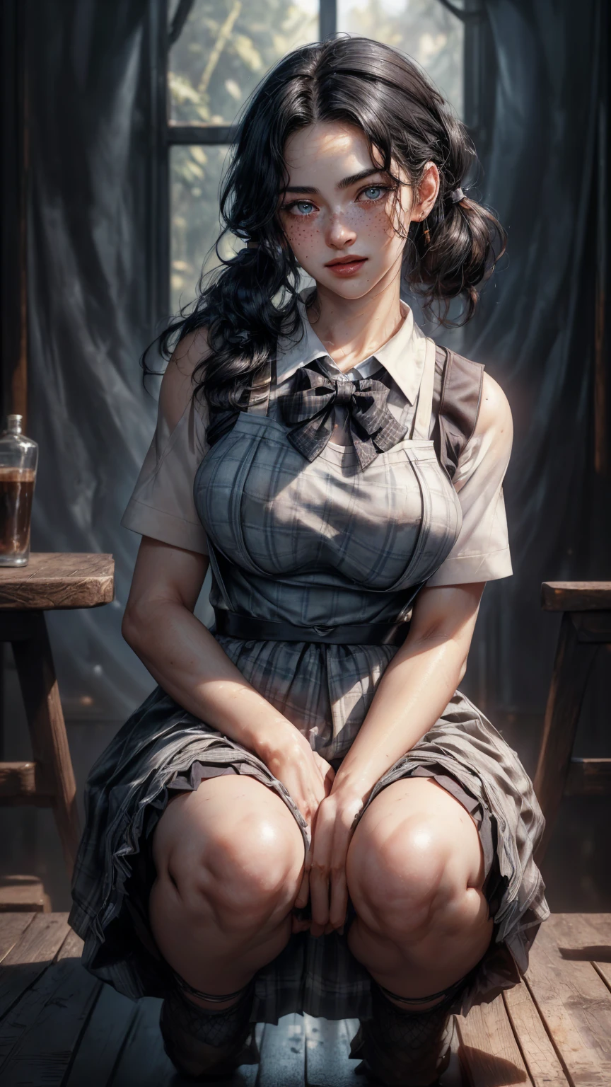 (((ultra realistic))) Photo, masterpiece, top quality, pale skin, (Ultra detailed face and eyes:1.2), , beautiful woman, gloomy atmosphere, Dark background, (Eye makeup, mascara) , ((Dark wavy hair)) , ((Stylish hairstyle)) , Natural breasts, [[Slim waist, slender body]] . ((Posing)) , (body curves), In Lifchik, photoshoot, studio (Contour lighting), (The play of light and shadows), depth of field, bokeh, (special attention to skin detail: 1.2), Detailed texture, skin pores, ((Dark and gloomy atmosphere frame. color scheme - Ashen, Tons)), (Film grain, VHS effect), (shine) , ((deep blue eyes)) , ((close-up portrait, close to the camera)) , ultra detialed woman ),thick thighs))(freckles 0.8, freckles on breasts, freckles on face)((long curly Black hair, ((deep detailed eyes, shiny skin, oily body)) smiling , curly hair, ((full body)) ((beautiful oily shoulder, neck))( ((extremely detailed 8k illustration)), highres, (extremely detailed and beautiful), ultra detailed painting, professional illustrasion, Ultra-precise depiction, Ultra-detailed depiction, (beautiful and aesthetic:1.2), HDR, (depth of field:1.4), professional illustrasion, 
A coffee shop in the cooler fall weather., 
Today, too, I enter the store in search of my morning cup of coffee., 
 in a uniform welcomes me again today., 
(, (highly detailed beautiful face and eyes,big breasts firm breasts), oily skin, ((black hair,black eyes,short bob with short pony tail hair)), thin pubic hair, cute, lovely, , (kobeya uniform:1.3), (gingham-check suspender-apron:1.3), (solid-red high-waist skirt:1.3), (apron over skirt:1.2), (white blouse:1.3), (double-breasted,underbust:1.2), short sleeves, button gap, (solid-red bow-tie:1.2), smile, looking at viewer, suspenders, ((squatting making dough)) Megan fox 