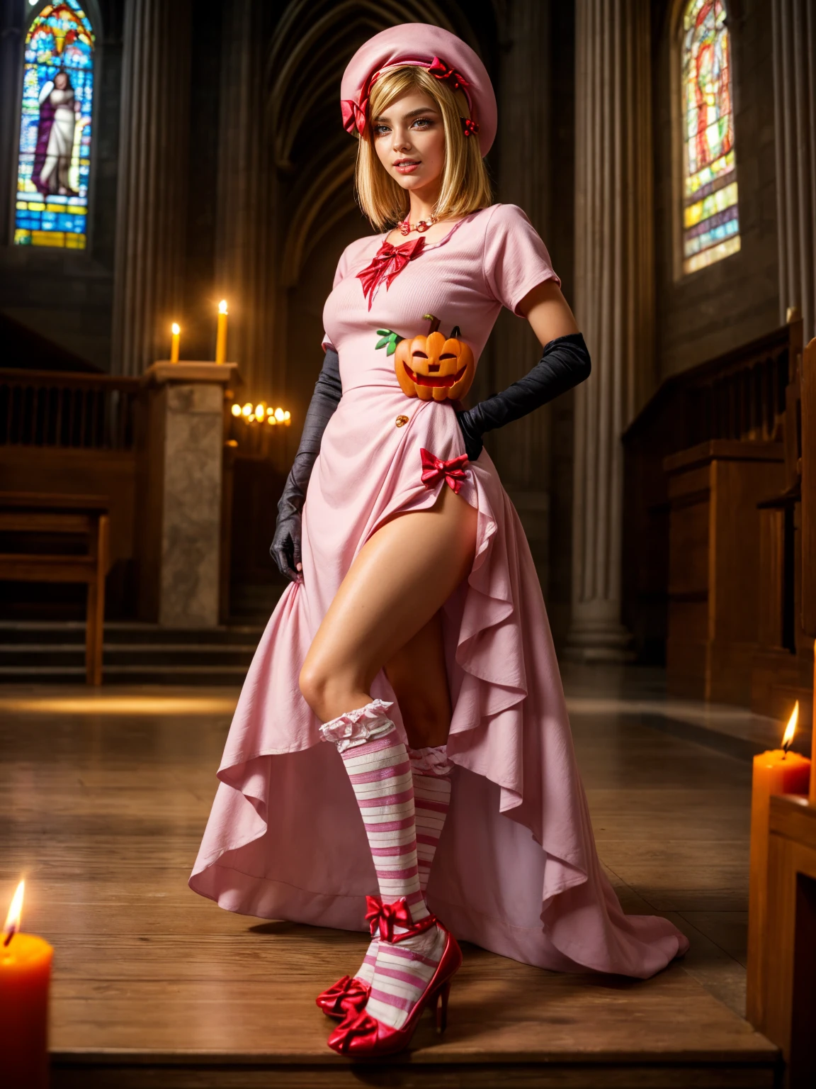 (1 lady), The beautiful, (Best quality at best:1.4), (ultra - detailed), (extremely detailed CG unified 16k), gold blonde hair, very detailed, High-definition RAW color photo, professional photoshooting, amazing face and eyes, cosmetics, (amazingly beautiful girl), ((lambdadelta, tall woman, taller)), ((dress, shoes bow, red shoes, striped stockings, red bow, pink hat, necklace, gloves, pearl, pumpkin brooch, pink dress)), standing, sexyposture，(Dark and stylish cathedral, stained glass, altar, before the altar, candle lights, candle lights:1.3), (look from down), realistic cinematic face, head to feet long wide zoomed out view, full body long view, photorealistic, ((realistic natural blonde hair style, honey eyes)), gorgeous, extremely beautiful face, perfect model beauty, pout mouth, flirting smile, cleavages, city girl, western, shopping in the city, (masterpiece), best quality, high resolution, extremely detailed, blurred background, depth of field, cinematic lighting, (amazing legs, strong legs, athletic legs), high heels, clear and well-cared skin