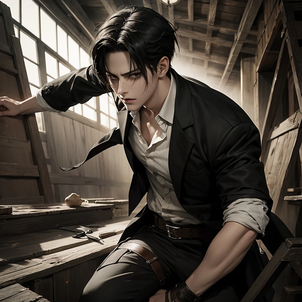 best quality, masterpiece, (realistic: 1.2), 1 man, Eren Jaeger, real life, live action, black jeans, black pants, brown hair, attack on Titan, slim body, high definition, high quality, long hair, gigachad, masculine, pain face, war, trenches, knife, bullet, soldier