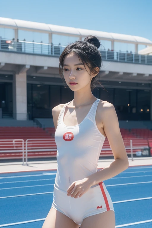 1girl, 175cm,korean model, 23 years old,gymnastic athlete, soft body, black hair, wavy hair, hair reaches waist,doing gymnastics,slender legs,red watch, red bracelet, white chain, red coker,close-up, 8k, RAW photo, best quality, masterpiece,realistic, photo-realistic,seductive,drenched body,sweating,doing gymnastics ,stadium