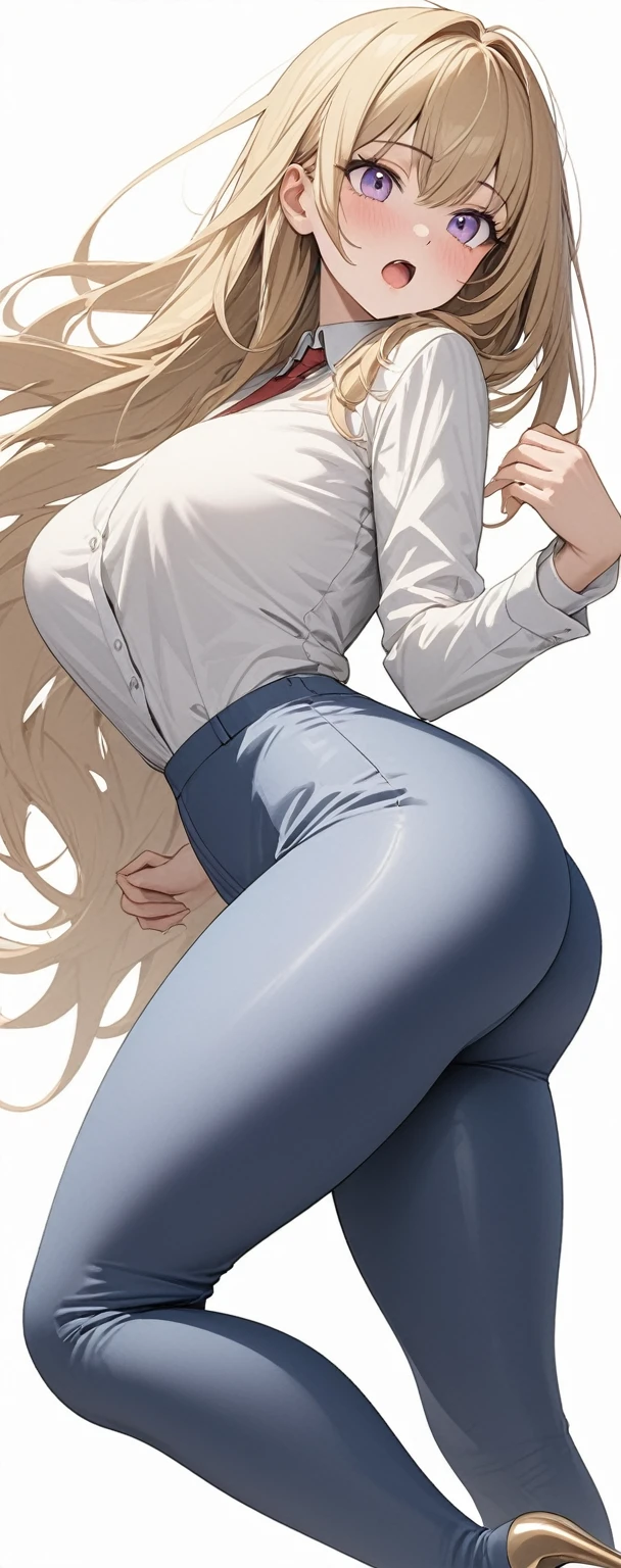 ((masterpiece)), ((high quality)),((ultra-detailed)), ((extremely detailed)),(character portrait), 4K,8K,wearing blue pants suit, white collared shirt, office suit, 21yo, a beautiful woman, very tall woman with great style, perfect big breasts, perfect big ass, tight suit, slender body, 1girl, solo, gold short bob hair, navy hair, perfect hands, perfect face, perfect purple eyes, perfect body, beautiful legs, cold beauty, open mouth, shy, surprised, side view, hand on ass, white plain background, full body, pumps