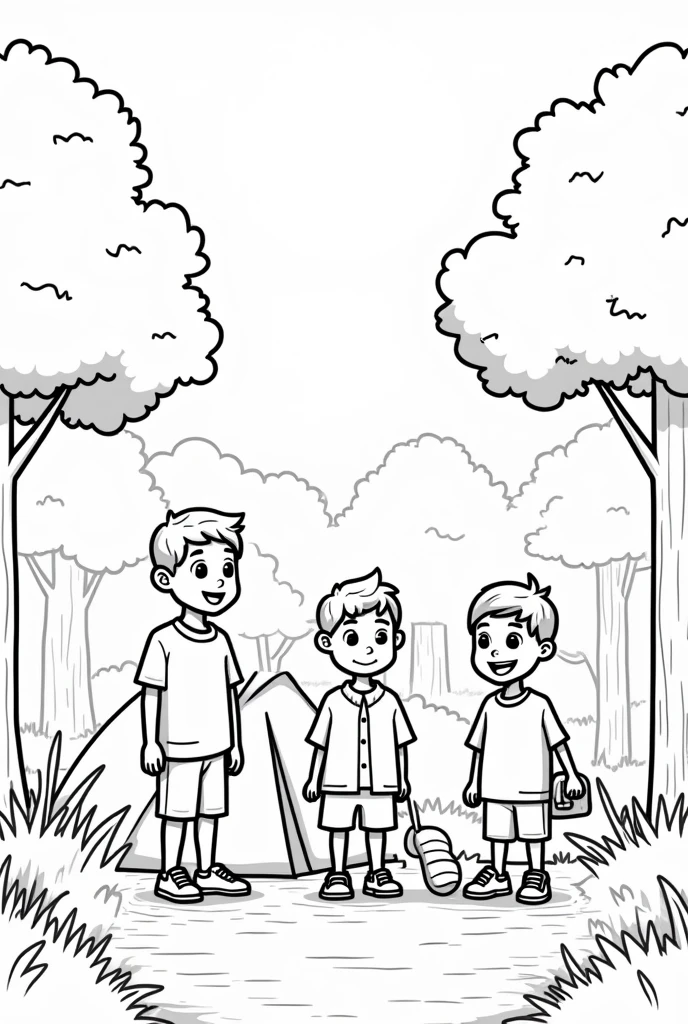 Meisterwerk, best qulaity, Cartoon-style, 3 Kids, looking in the forste, big Forest, Lineart