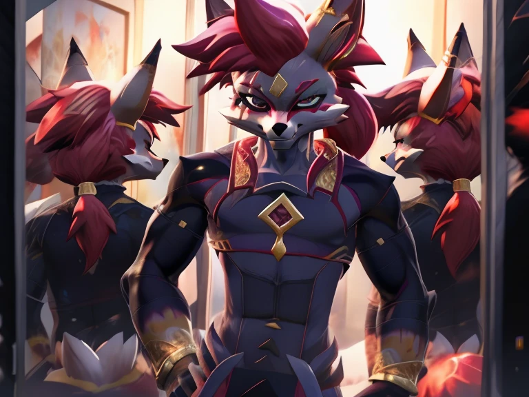 Best quality, Super detailed illustration, (furry fox boy:1.4), Kimiko, handsome face and body, disheveled thick white and pink anime spiky ponytail hair, white fur, beautiful teeth, detailed eyes, two-tone fur, strong six pack abs, shirtless, red pants, smug smile, half-closed eyes, against the background of the bathroom mirror, small waist, wide hips, slim, perfect body, style 