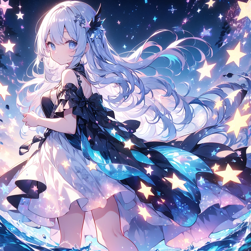 (((​masterpiece)))、(((top-quality)))、((ultra-detailliert))、(illustratio)、((extremely delicate and beautiful))、Bright smile、floating、(Detailed light) (1girl in)、、solo、The long-haired、The wind is blowing、A WORLD、（cute eye）、(thick thighs), (Curve), White hair, (Red Eyes), 1 girl, pale skin, (Two-tone hair), Eyelashes, Smile, gleaming skin, Shiny hair, Long hair, nigh sky, nebulas, Galaxy, (Stars, inner strength), looking at you, Anime, beautiful anime eye, Beautiful detailed eyes, Eyes, Glittering eyes, (neons), Angelic, Halo, Flowers, (Colorful hair, rainbow hair, Liquid, Water, cloud, starrysky), Sleepy eyes), (lolita dress, detailed dress, Cute dress, fuffy dress,), Anime, rainbows, Style,
