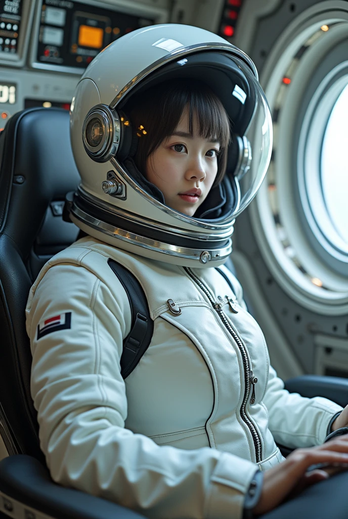 A girl in a spacesuit staring at space in the cockpit of a spaceship. However, in her hand is a fluffy space stuffed animal, which stands out for its cuteness.