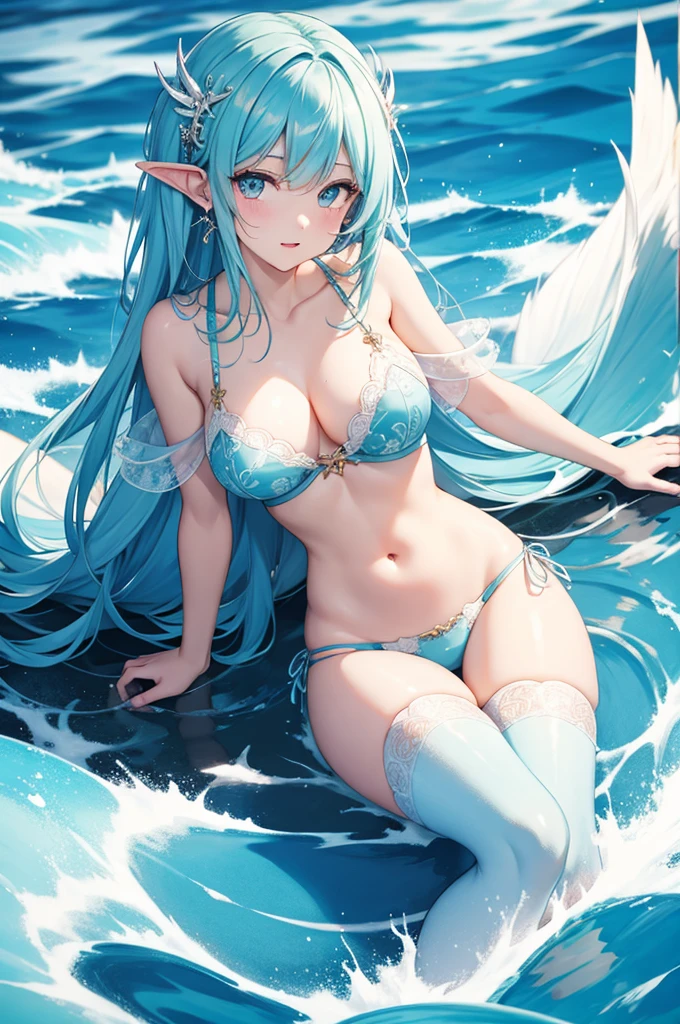 (Mermaid: 1.1), (whole body: 1.1), solo, naked long hair, blue hair, eye contact, straight-through, (cleavage: 1.1), big breasts, breasts coming out, framed breasts, chest-less clothes, parted lips, bright pupils, glowing eyes, blushing face, wide eyes, back. Cinematic lighting, absurdity, obscurity, partial underwater shooting, beautiful details of water, outdoor, perspective overlooking, breast awareness, 85 mm, (no legs: 1.1), (fish tail: 1.1), (in water: 1.1), 85 mm focal length.