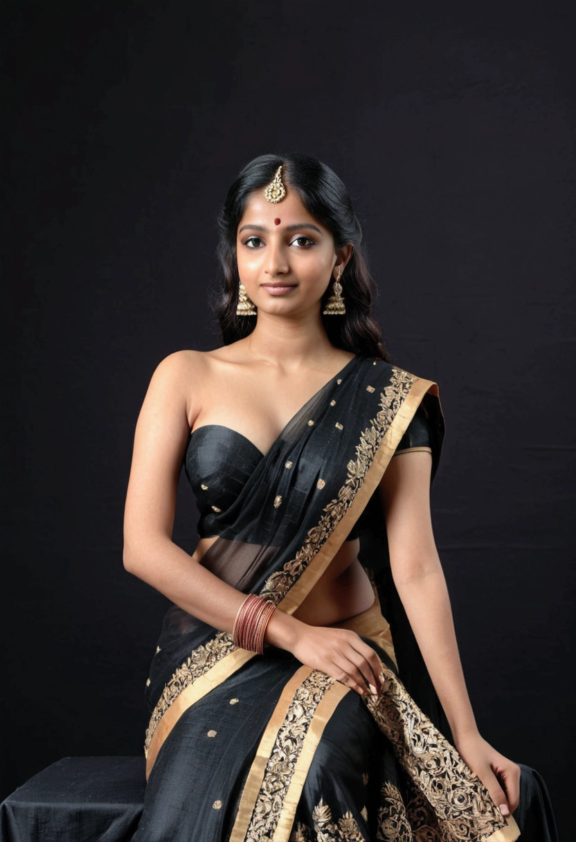 a beautiful young Indian woman, Desi, take off your sari, showing your breasts. She is sitting on a black cube. Black infinite background. 8k, cinematographic.