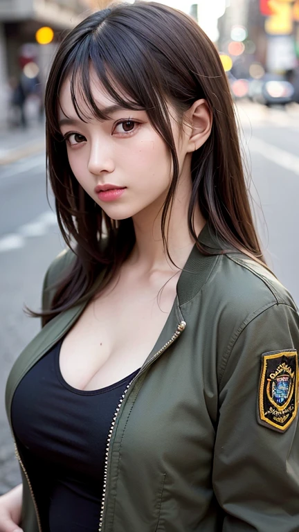 (masutepiece), (Best Quality), Realistic, Photorealism, 1girl in, Beautiful Girl, Perfect face, Perfect body, Sexy, Upper body wears only an air bomber jacket、Do not close the zipper, No bra, Braless, Smile、Taut、Toned waist、fascinating butt、Plaid miniskirt、(((Lift skirt with hand to expose pink sexy panties)))、Wearing a pistol holder on the thigh、Smile full of happiness、Attractive pretty woman、Detailed cute big blue eyes、Detailed cute face、complexion with good blood circulation、pink cheek