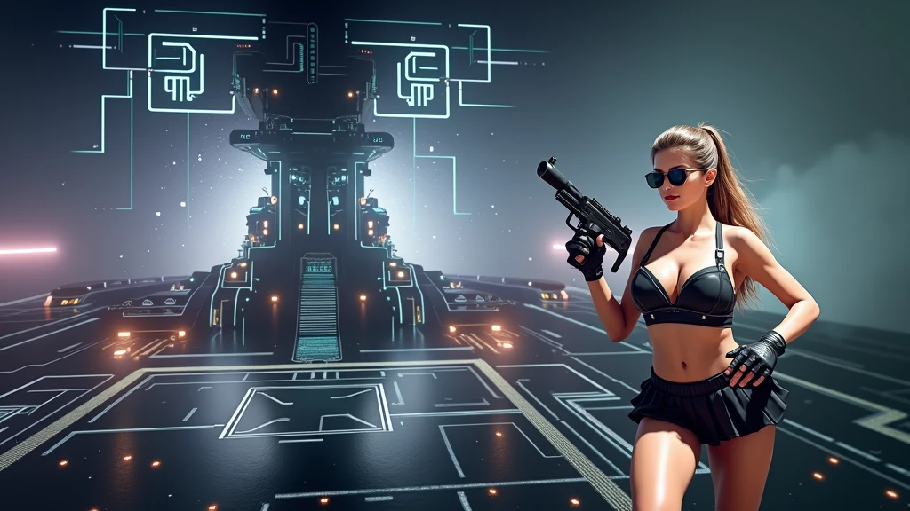 Aerial view. sci-fi outdoor maze background. Matrix style, at night, dark sky, (1girl, solo), photo realistic, large-breast:1.2 slim:0.9 body, cleavage:1.2, tube top, miniskirt, (matrix style black sunglasses), (holding a mini:1.1 pistol), half-body thigh level medium shot, cinematic lighting, ray tracing.